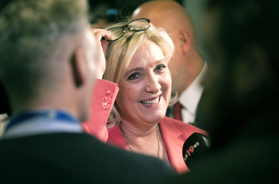 Far-right leader of the National Rally party Marine Le Pen, speaks to reporters after a media conference for the upcoming European elections next month in Strasbourg, eastern France, Monday, April 15, 2019. (AP Photo/Jean-Francois Badias)