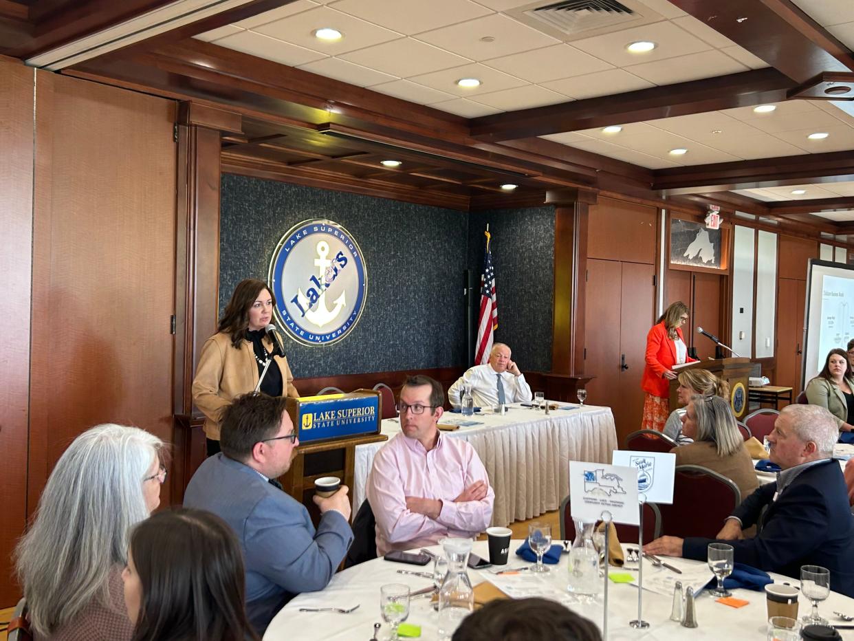 Jessica Savoie (left) and Amy Scott-Kronemeyer (right) speak to the Sault community about the importance of child care and its economic impact at the 2023 Spring Economic Luncheon on May 18.