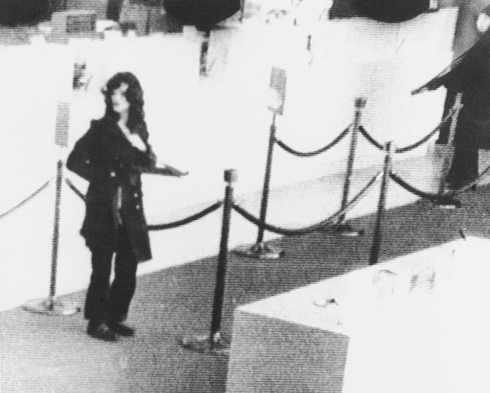 FILE - Newspaper heiress Patricia "Patty" Hearst is identified by the FBI as taking part in the robbery of a San Francisco bank in this April 1974 photo. The newspaper heiress was kidnapped at gunpoint 50 years ago Sunday, Feb. 4, 2024, by the Symbionese Liberation Army, a little-known armed revolutionary group. The 19-year-old college student's infamous abduction in Berkeley, Cali., led to Hearst joining forces with her captors for the 1974 bank robbery that earned her a prison sentence. Hearst, granddaughter of wealthy newspaper magnate William Randolph Hearst, will turn 70 on Feb. 20. (AP Photo/File)