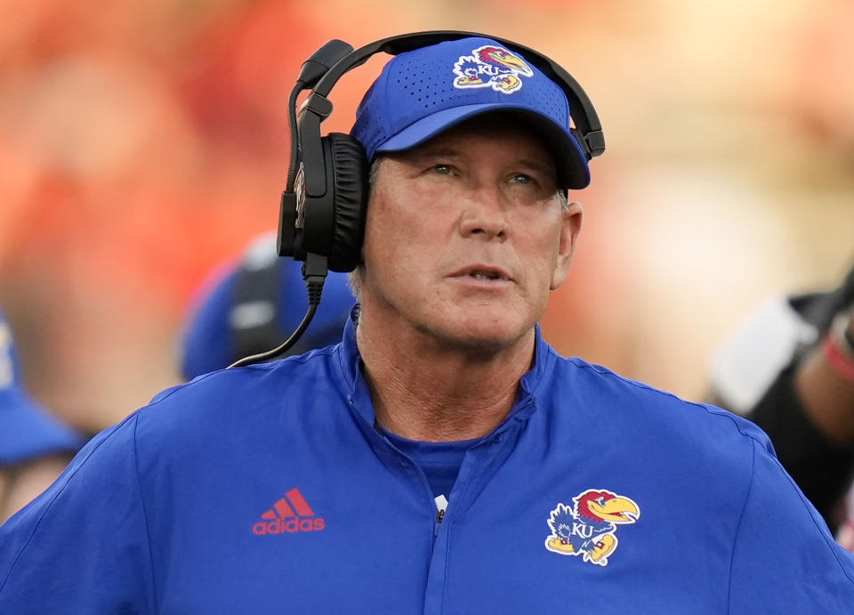 FILE - Kansas head coach Lance Leipold looks on during the second half of an NCAA college football game against Houston, Sept. 17, 2022, in Houston. The Kansas Jayhawks see a very bright future thanks to Leipold's quick turnaround. (AP Photo/Eric Christian Smith, File)