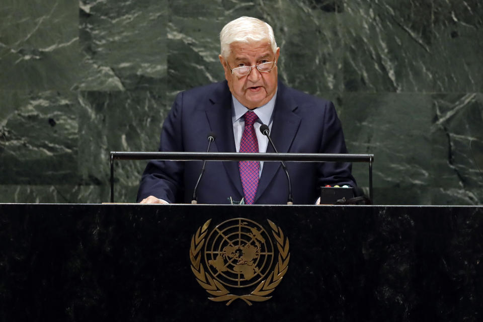 El viceprimer ministro sirio Walid Al-Moualem habla ante la Asamblea General de la ONU, sábado 27 de septiembre de 2019. (AP Foto/Richard Drew)