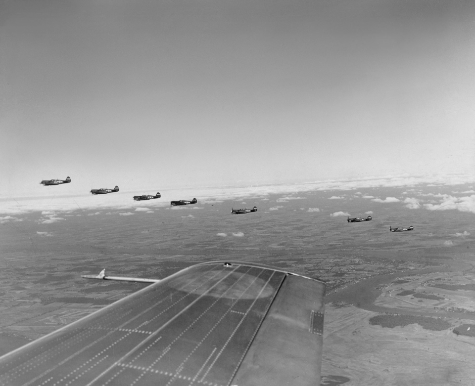 332nd Tuskegee Airmen Fighter Group in Flight, Selfridge Field, Michigan, 1943.