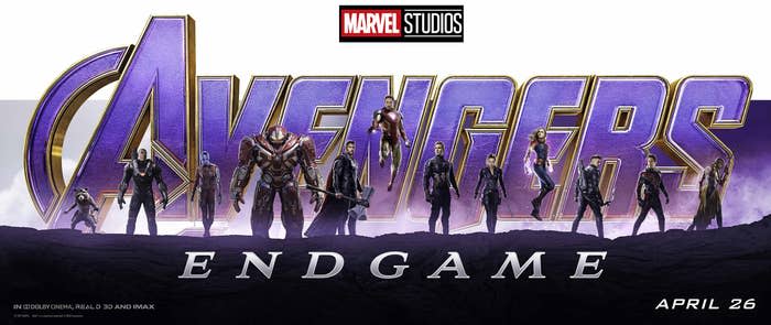 Promotional poster for Avengers: Endgame featuring characters in battle-ready poses against a stylized title backdrop