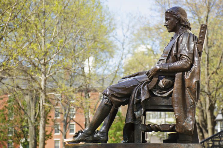 John Harvard monument (c. 1884) by Daniel Chester French (Cambridge, Massachusetts).