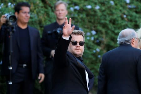 James Corden gestures as he attends the wedding of fashion designer Misha Nonoo at Villa Aurelia in Rome