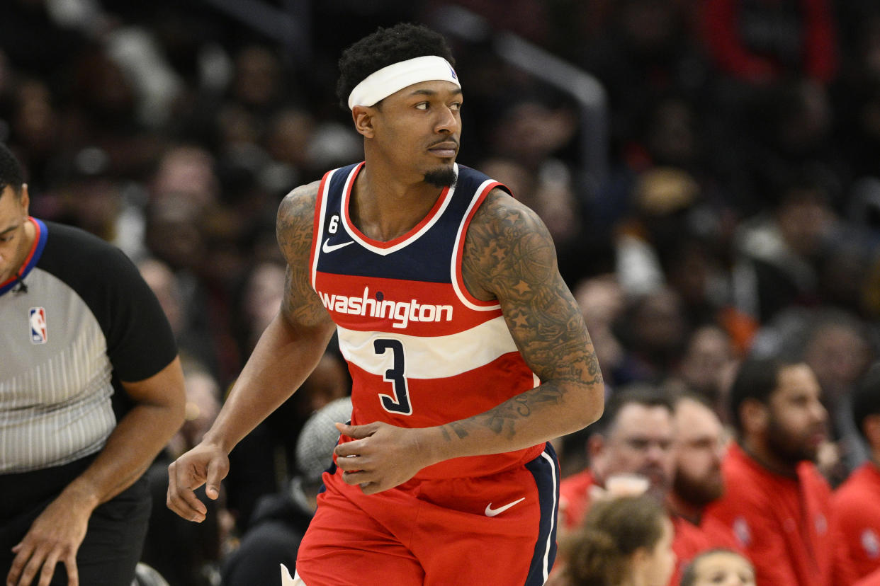 Washington Wizards guard Bradley Beal (3) in action during the second half of an NBA basketball game against the Portland Trail Blazers, Friday, Feb. 3, 2023, in Washington. The Trail Blazers won 124-116. (AP Photo/Nick Wass)