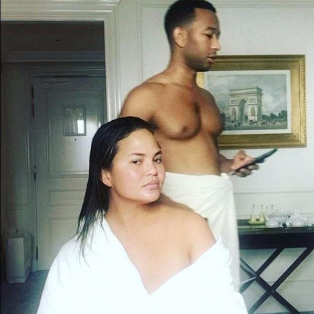 <p>Chrissy Teigen share's her bare-faced beauty with her online followers, before being all glammed up - even featuring a topless John Legend.</p>