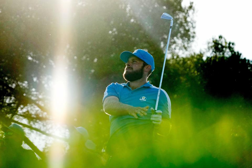 Sep 29, 2023; Rome, ITA; Team Europe golfer Tyrrell Hatton tees off on the 17th hole during day one fourballs round for the 44th Ryder Cup golf competition at Marco Simone Golf and Country Club. Mandatory Credit: Adam Cairns-USA TODAY Sports