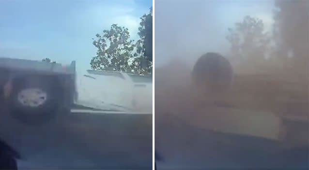 The collision sends the ute flipping into a ditch. Source: Facebook/ Dash Cam Owners Australia