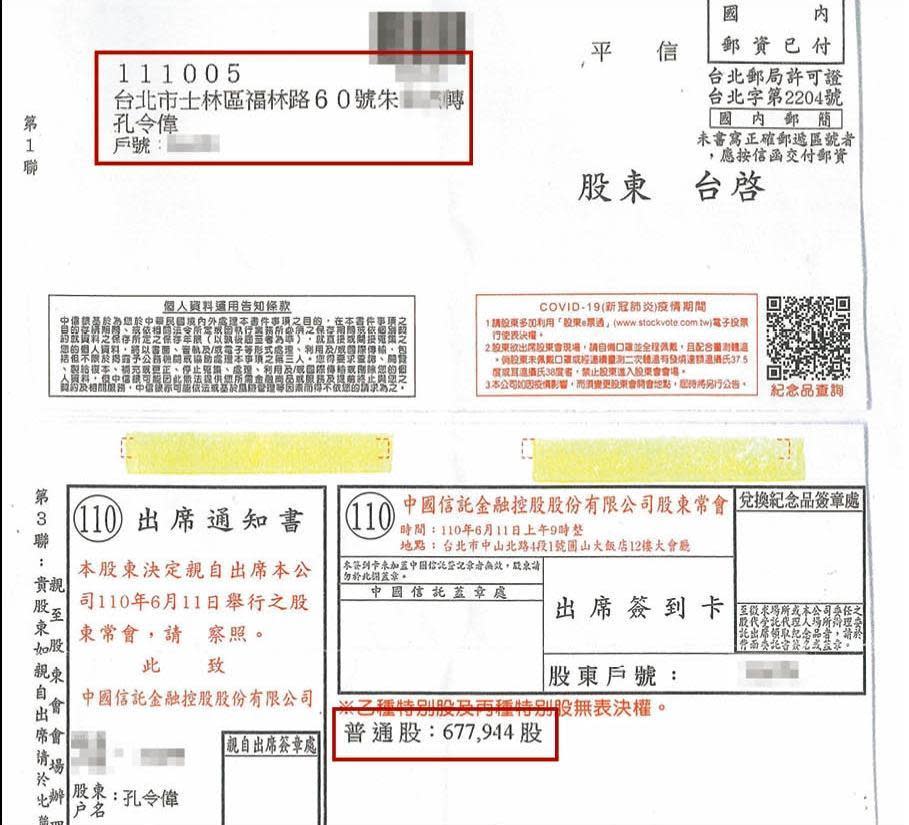 中信金股東會資料顯示，孔令偉的名下還有67萬股、約1,700萬元的股票。