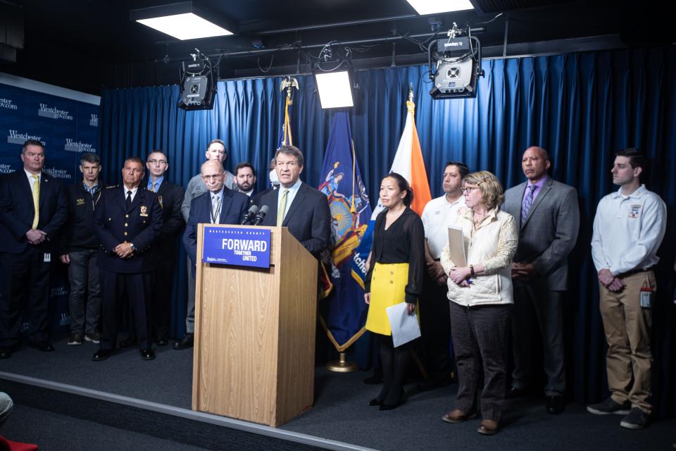 Westchester County Executive George Latimer and other officials speak Jan. 20. 2023 about the small plane crash that killed two people near Westchester County Airport Thursday evening.  The crash less than two miles from the airport as the pilot was attempting to make an emergency landing after reporting a mechanical problem. 