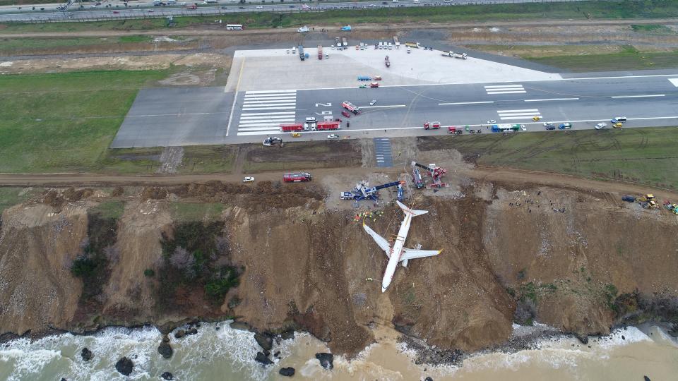 <p>Cranes lift Pegasus airplane which was stucked in mud as it skidded off the runway after landing in Trabzon Airport, Turkey on Jan. 18, 2018. (Photo: Anadolu Agency/Getty Images) </p>