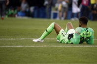 <p>Goalkeeper Mohammed Al-Owais reacts after Saudi Arabia lost 1-0 to Uruguay </p>