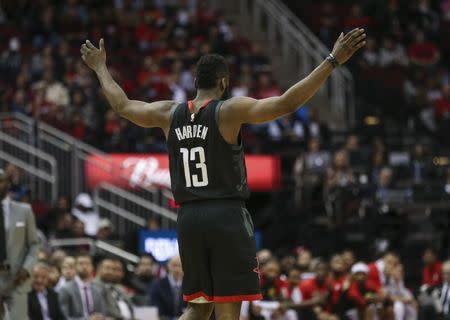 Feb 25, 2019; Houston, TX, USA; Houston Rockets guard James Harden (13) reacts after a play during the second quarter against the Atlanta Hawks at Toyota Center. Mandatory Credit: Troy Taormina-USA TODAY Sports