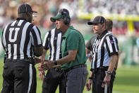 Tulane head coach Willie Fritz talks to the officials after a play against South Florida during the first half of an NCAA college football game Saturday, Oct. 15, 2022, in Tampa, Fla. (AP Photo/Chris O'Meara)