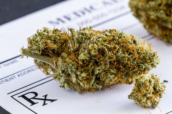 A cannabis bud lying atop a doctor's prescription pad.