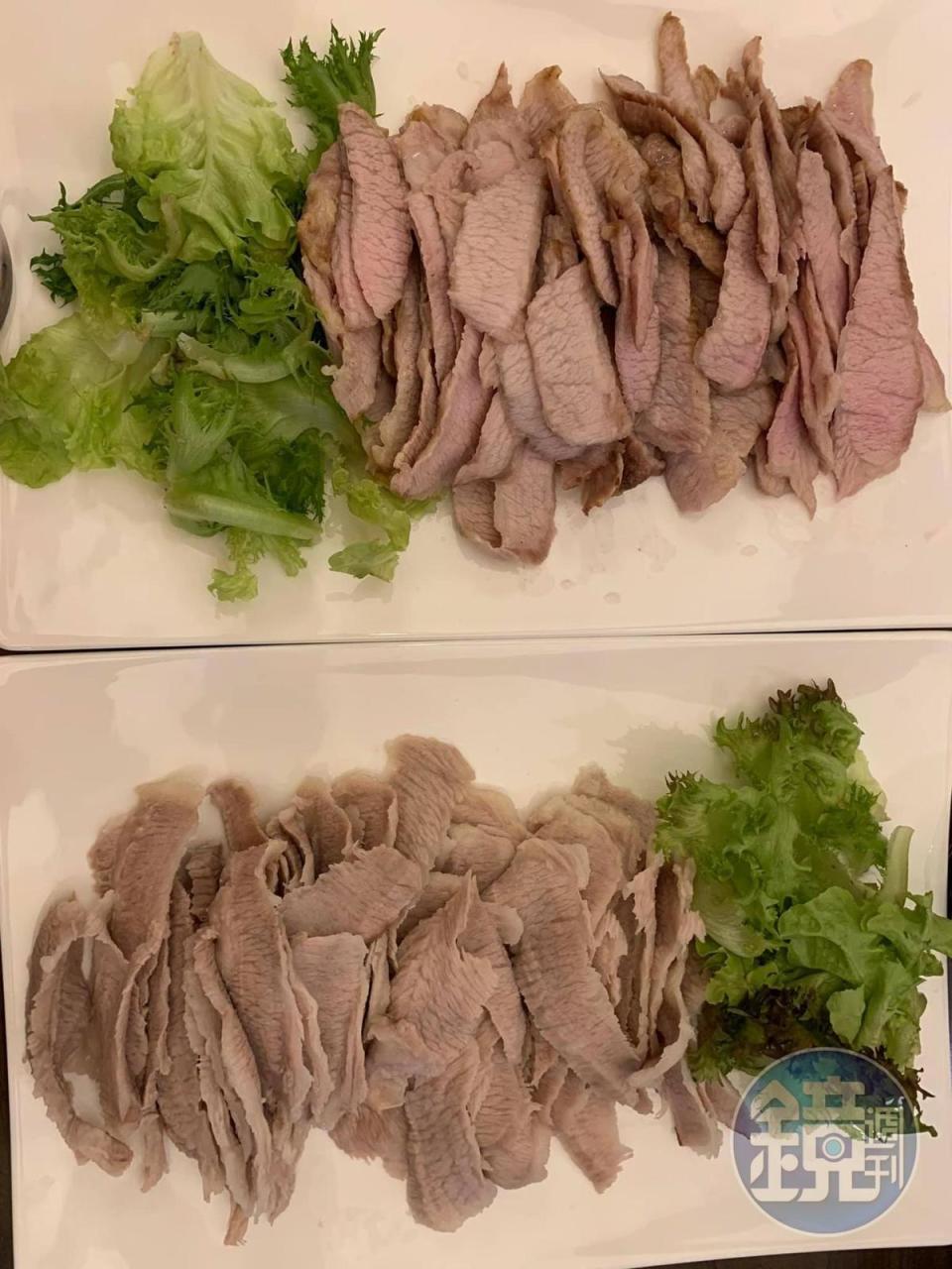 豬頸肉兩種做法連璧，並排上桌，下方是三分俗氣做法，上方是烤箱做法，顏色明顯不同。