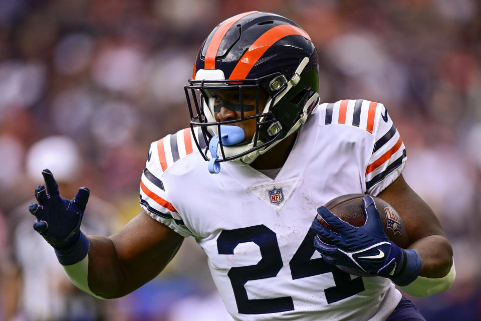 Running back Khalil Herbert #24 of the Chicago Bears has rising fantasy value