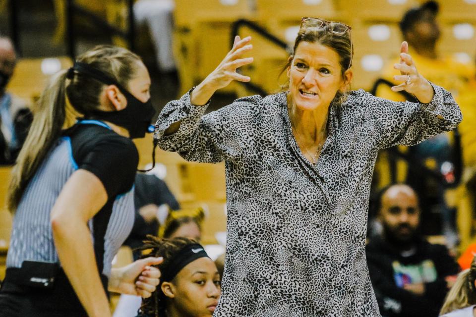 Missouri women's basketball head coach Robin Pingeton reacts to a call during the Tigers' win over Southern Illinois-Edwardsville on Dec. 2.