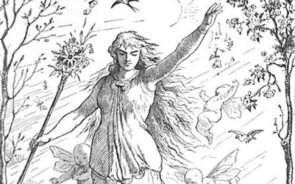 The goddess Ēostre/*Ostara flies through the heavens surrounded by winged angels, beams of light and animals.