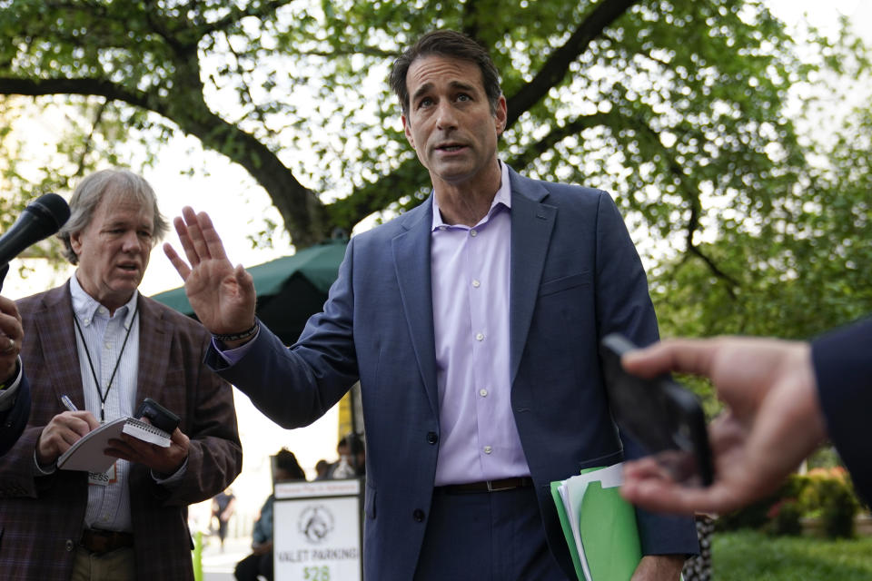 Rep. Garret Graves, R-La., House Speaker Kevin McCarthy's top mediator in the debt limit talks, speaks with members of the press before attending a House Republican Conference meeting on Capitol Hill in Washington, Tuesday, May 23, 2023. (AP Photo/Patrick Semansky)