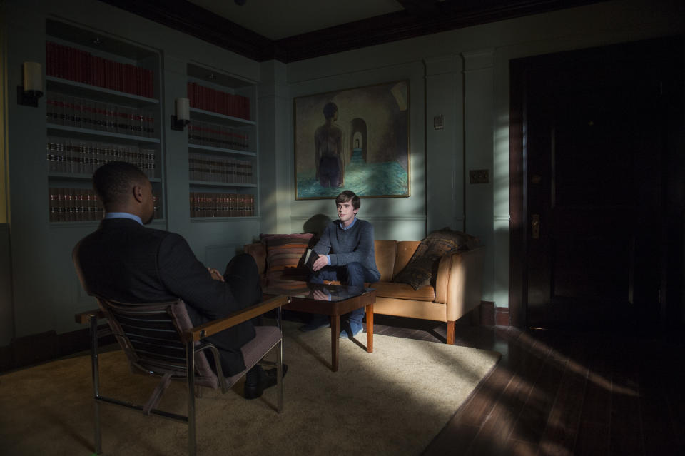 Damon Gupton as Dr. Edwards and Freddie Highmore as Norman Bates (Credit: A&E)