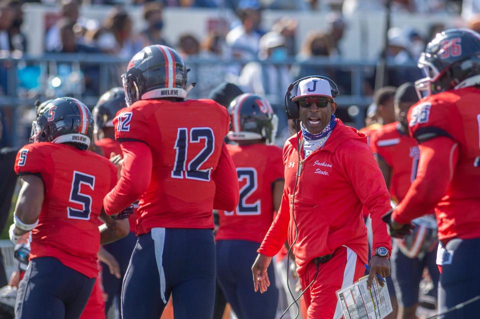 Jackson State coach Deion Sanders shouted directions to his players during their April 3 home game against Southern.