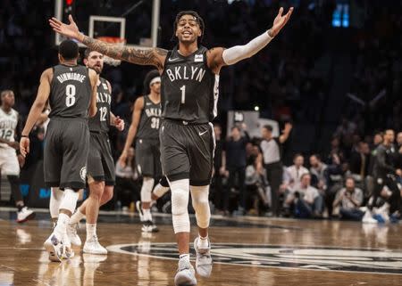 Mar 30, 2019; Brooklyn, NY, USA; Brooklyn Nets guard D’Angelo Russell (1) celebrates after hitting a three pointer against the Boston Celtics in the third quarter at Barclays Center. Mandatory Credit: Wendell Cruz-USA TODAY Sports