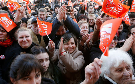 People attend a rally to support opposition TV channel Rustavi 2 in Tbilisi, Georgia February 19, 2017. REUTERS/David Mdzinarishvili