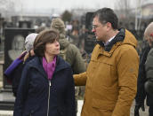 French Foreign Minister Catherine Colonna, left, and Ukraine's Foreign Minister Dmytro Kuleba walk in war-hit Black Sea Port of Odesa, Ukraine, Thursday, Jan. 26, 2023.(Ukrainian Foreign Ministry Press Office via AP)