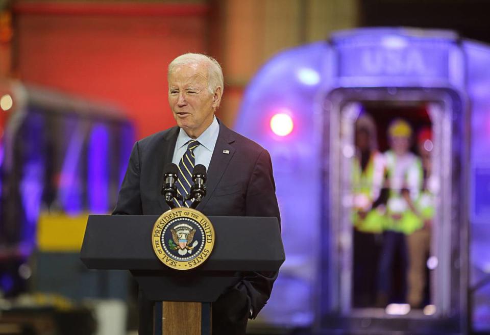 President Joe Biden speaks at the Amtrak Bear Maintenance Facility in Delaware on Monday, Nov. 6, 2023, about investments being made in the passenger railroad’s infrastructure. Damian Giletto/Delaware News Journal/USA TODAY Network