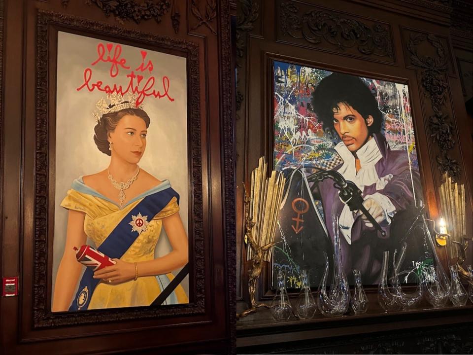 On the left, a painted portrait of young Queen Elizabeth with the words "life is beautiful." On the right, a painted portrait of Prince in his "Purple Rain" outfit.