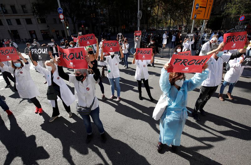 Catalan primary health doctors protest on the first day of a four-day strike in Barcelona to demand better working conditions amid the coronavirus disease (COVID-19) outbreak, in Barcelona