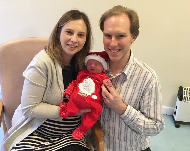 Karen and Michael Ratcliffe with their new baby who was born just moments into Christmas Day at Queen Elizabeth University Hospital, Glasgow (Family handout/PA)