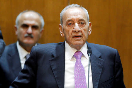 FILE PHOTO: Lebanese Parliament Speaker Nabih Berri heads a session of the national dialogue, at the parliament building in downtown Beirut, Lebanon September 9, 2015. REUTERS/Mohamed Azakir/File Photo