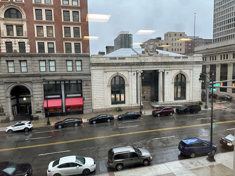 Rain falls in downtown Detroit on Tuesday, June 25, 2024.