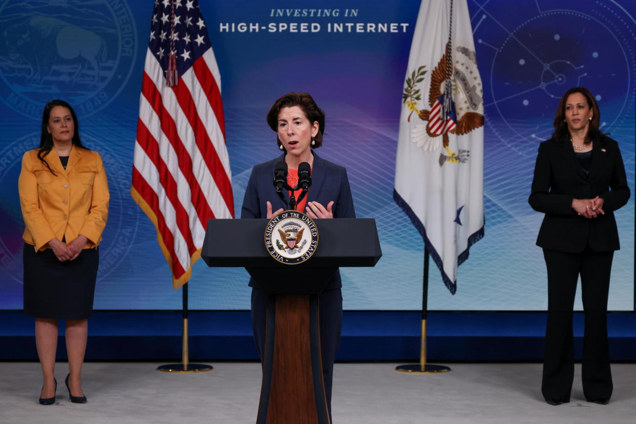 U.S. Secretary of Commerce Gina Raimondo speaks during a high speed internet event at the Eisenhower Executive Office Building's South Court Auditorium at the White House in Washington, U.S., June 3, 2021.REUTERS/Evelyn Hockstein