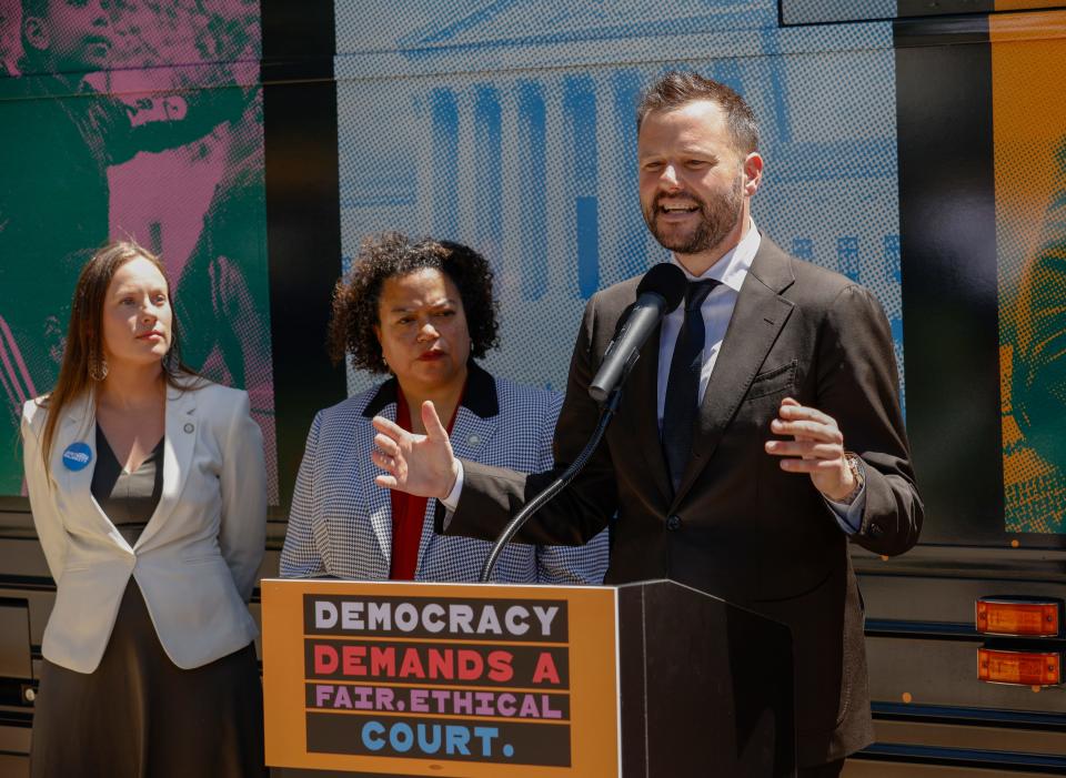 California Assembly member Matt Haney speaks in May at a press conference to call for reforms to the U.S. Supreme Court. Haney is the author of a bill that would create Amsterdam-style cannabis cafés across the state if signed into law.