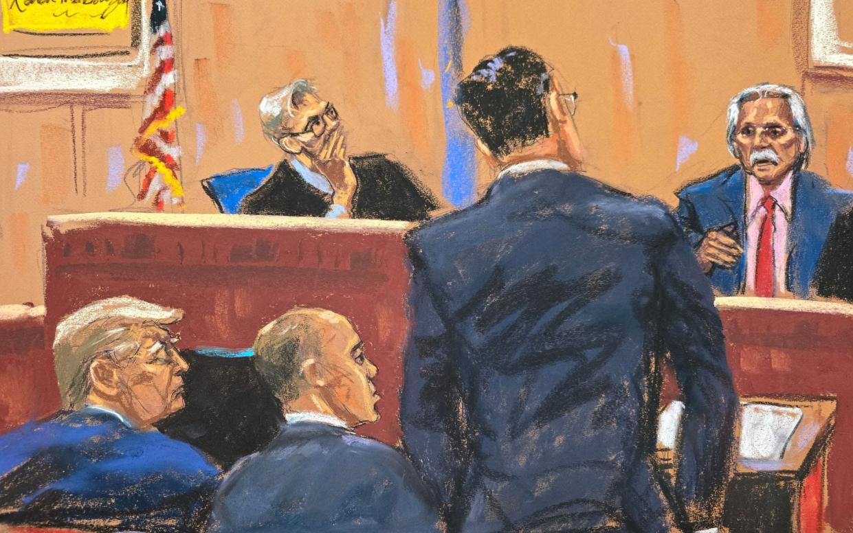 Donald Trump watches as prosecutor Joshua Steinglass questions David Pecker during Trump's criminal trial