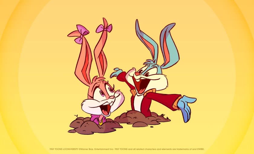 two cartoon bunnies popping out of holes in the ground