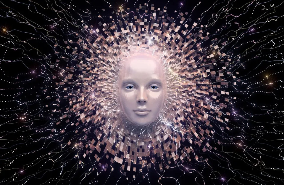 A humanoid look emerging from a oversea of pixels and circuitry, which are typical of artificial intelligence. 