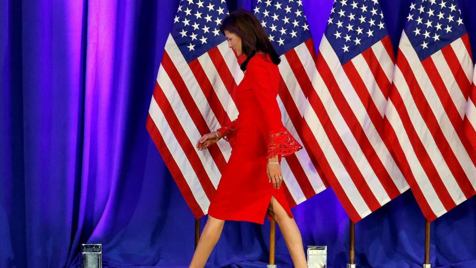 PHOTO: Republican presidential candidate and former U.N. Ambassador Nikki Haley walks off stage after announcing the suspension of her presidential campaign at her campaign headquarters, March 6, 2024, in Daniel Island, S.C. (Anna Moneymaker/Getty Images)
