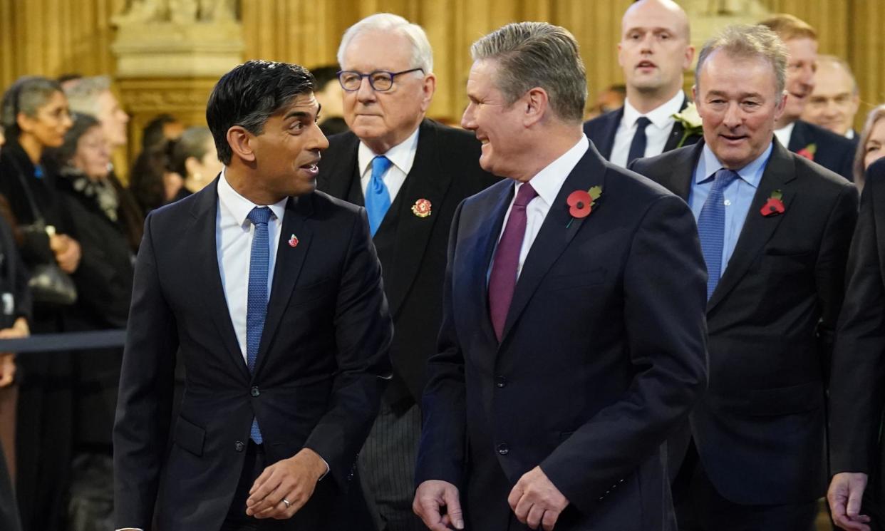 <span>Rishi Sunak and Keir Starmer at the state opening of parliament. The prime minister has rebooted the Tories’ ‘coalition of chaos’ attack line about Labour.</span><span>Photograph: Stefan Rousseau/PA</span>