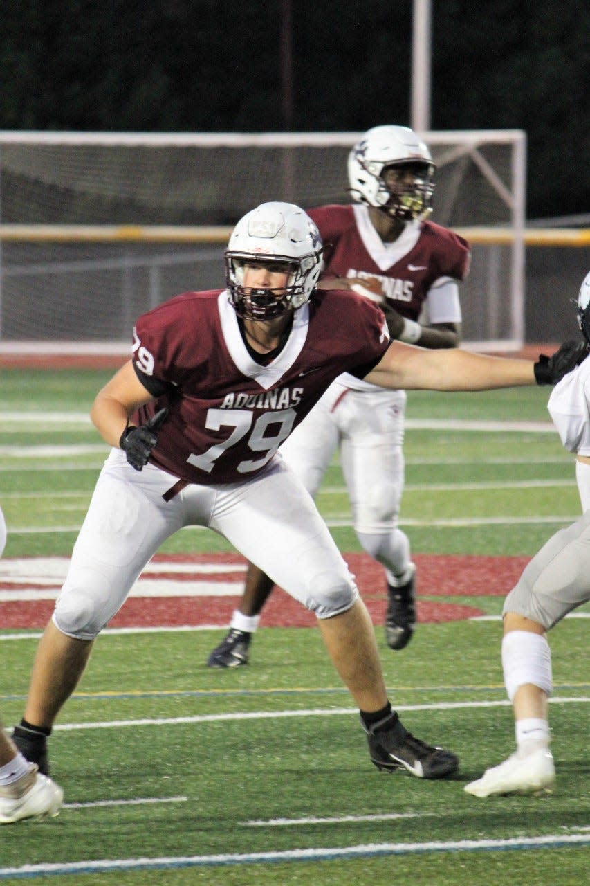 Aaron McDaniels spent most of his Aquinas football career playing offensive tackle. He started in two Section V championship games and was a Class AA second team all-star in 2021.