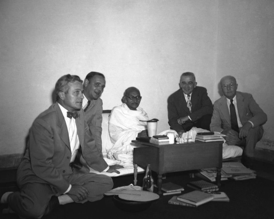 Mohandas Gandhi: Members of the House Armed Services committee touring military installations abroad visit Mahatma Gandhi at New Delhi on Oct. 23, 1947. From left to right: Rep. W. Sterling Cole, (R-N.Y.), of Bath, New York; Rep. Walter Norblad, (R-Ore.); Gandhi; Rep. Errett P. Scrivner, (R-Kas), Charles R. Clason (R-Mass.), of Springfield, Mass. (AP Photo)