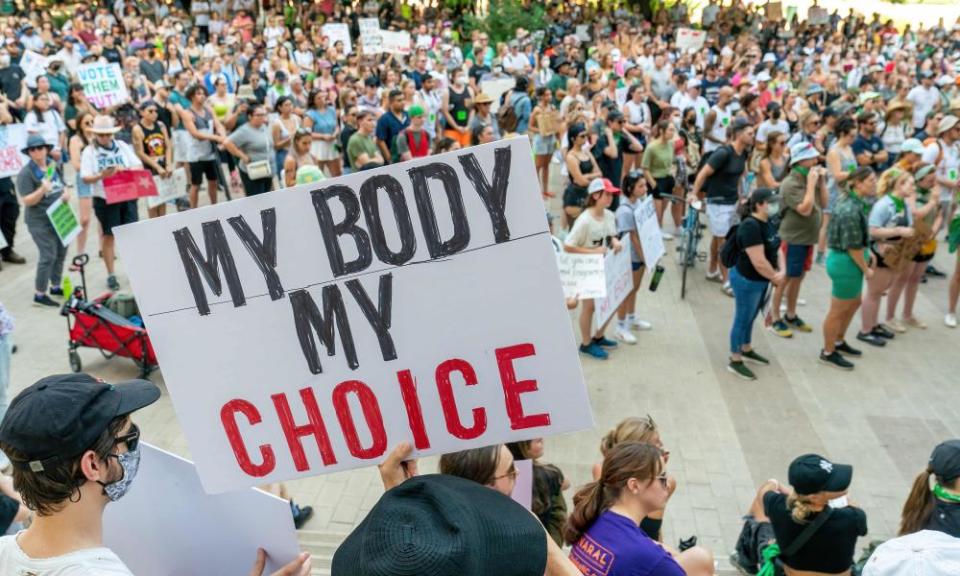 Abortion rights demonstrators march near the state capitol building in Austin, Texas.