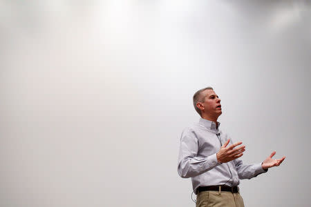 Democratic New York State Assembly member and congressional candidate Anthony Brindisi addresses attendees during a town hall style meeting at Colgate University in Hamilton, New York, U.S., April 8, 2018. REUTERS/Andrew Kelly