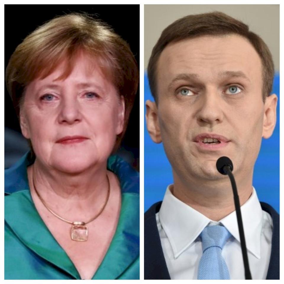 俄羅斯反對派領袖納瓦尼(Alexei Navalny)(圖右)28日說，先前他因中毒在柏林一家醫院接受治療時，德國總理梅克爾(Angela Merkel)(圖左)曾到醫院探訪。(合成圖)