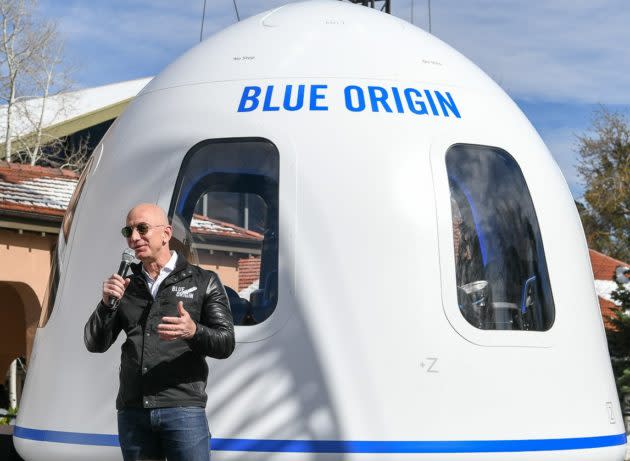 Jeff Bezos with Blue Origin New Shepard crew capsule mock-up