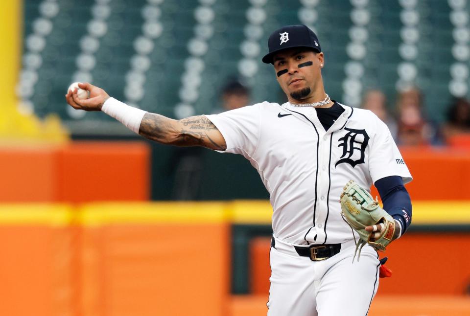 Tigers shortstop Javier Baez throws out Marlins catcher Nick Fortes at first base during the third inning of the Tigers' 1-0 loss in 10 innings on Tuesday, May 14, 2024, at Comerica Park.